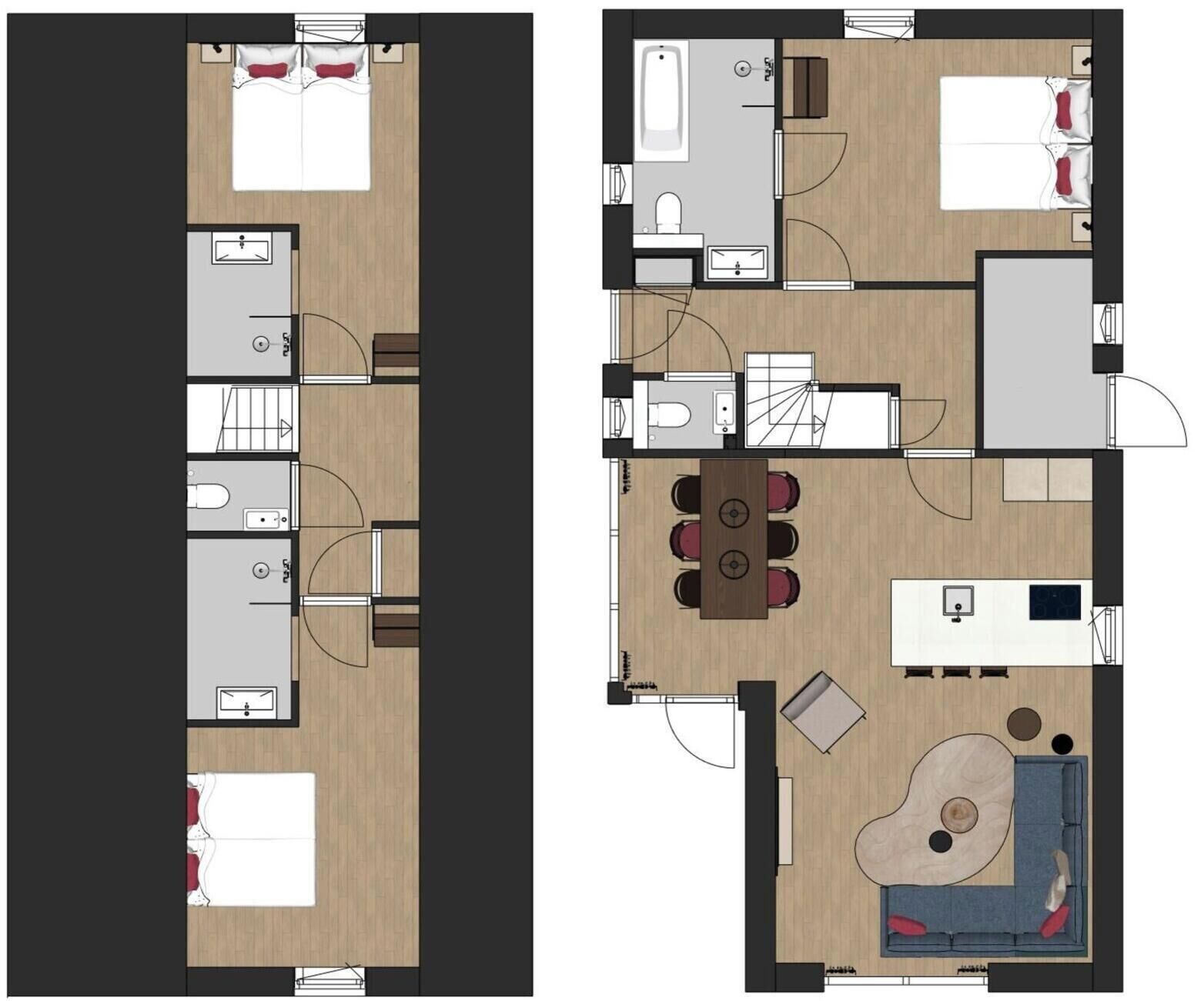 Indeling van een hotelkamer met een bed, een bureau, een stoel, een klein tafeltje en een bank.