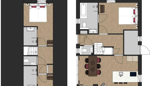 A hotel room layout with a bed, a desk, a chair, a small table, and a sofa.