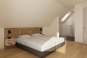 A modern bedroom with a wooden headboard, a bed with white linens, a nightstand, and a skylight.
