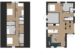 Distribución de un hotel con dos dormitorios, un baño, cocina, comedor y sala de estar.