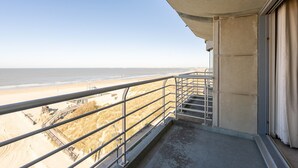 Ein Balkon mit Metallgeländer und Blick auf einen Strand.