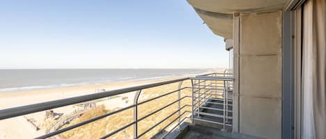 A balcony with a metal railing overlooking a beach.