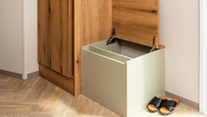 A wooden cabinet with a drawer, a potted plant, and a pair of shoes on the floor. - Three bedroom caravan, ideal for families and angling groups. (Peterborough)