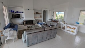 Fernseher, Kamin, DVD-Player, Bücher