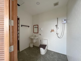 Un baño con inodoro, lavamanos, espejo, ducha y una puerta de madera.