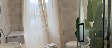 Hair dryer, towels, soap