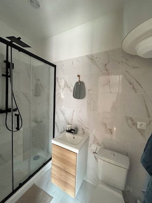 Douche, serviettes fournies, savon, papier toilette