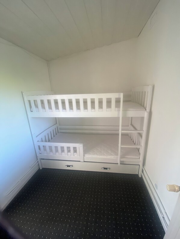 A bunk bed in a room with a black carpet and white walls.