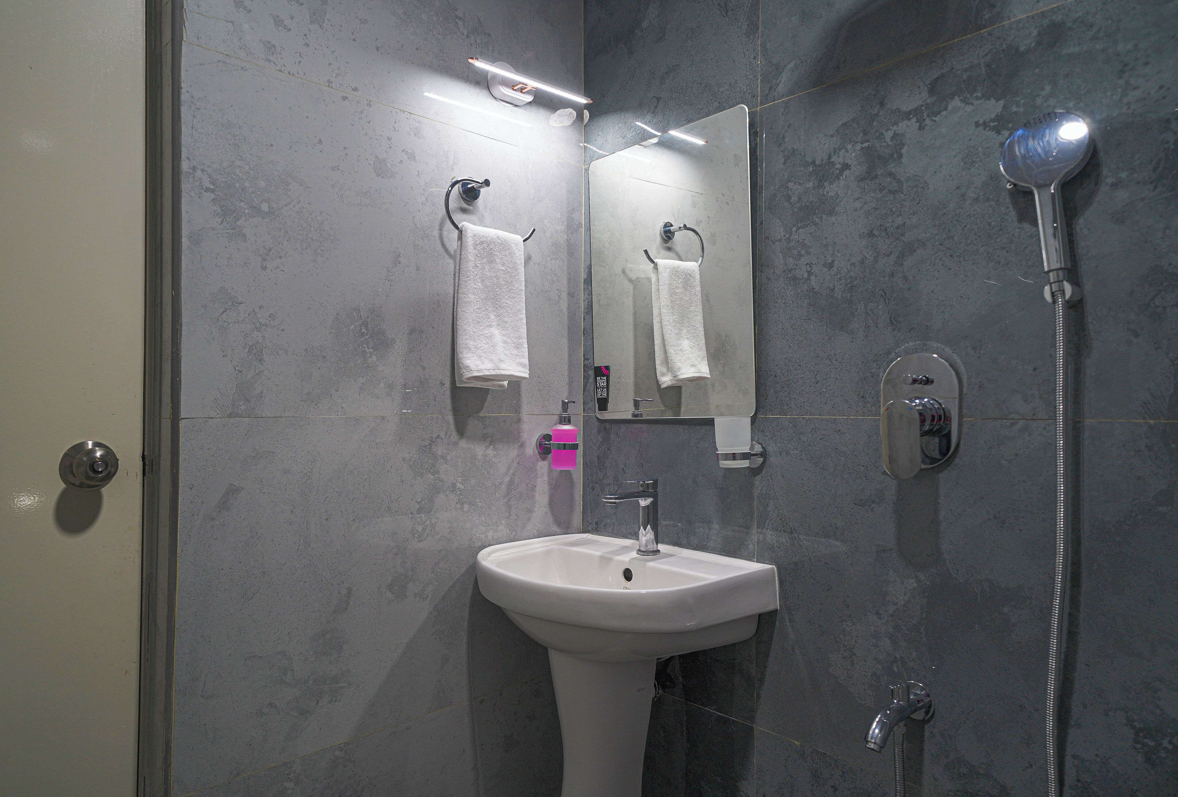 A bathroom with a white sink, a mirror, a handheld showerhead, and a towel rack.