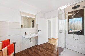 Douche, séchoir à cheveux, serviettes fournies, savon