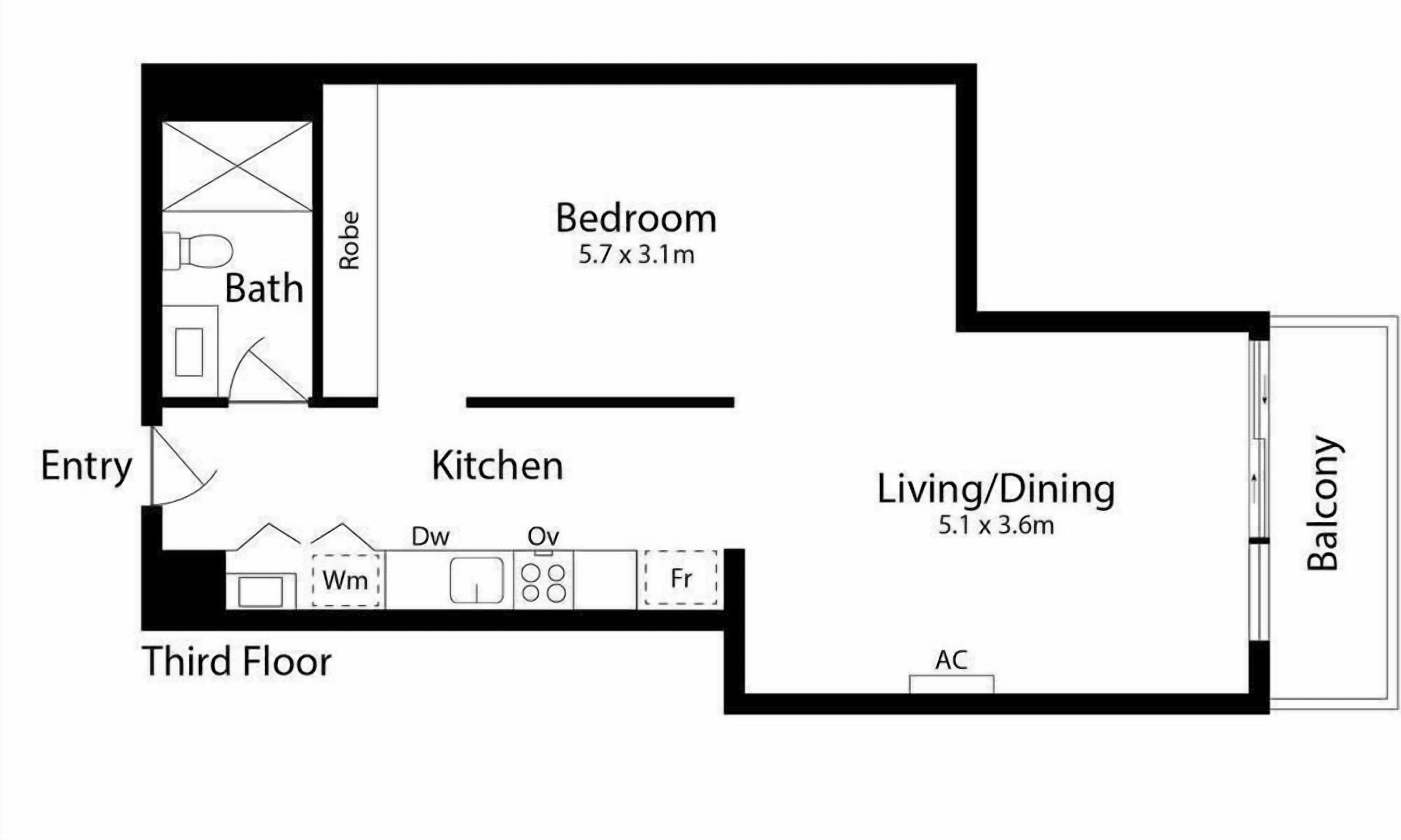 A floor plan with a bedroom (5.7 x 3.1m), a living/dining area (5.1 x 3.6m), a kitchen, a bathroom, and a balcony.