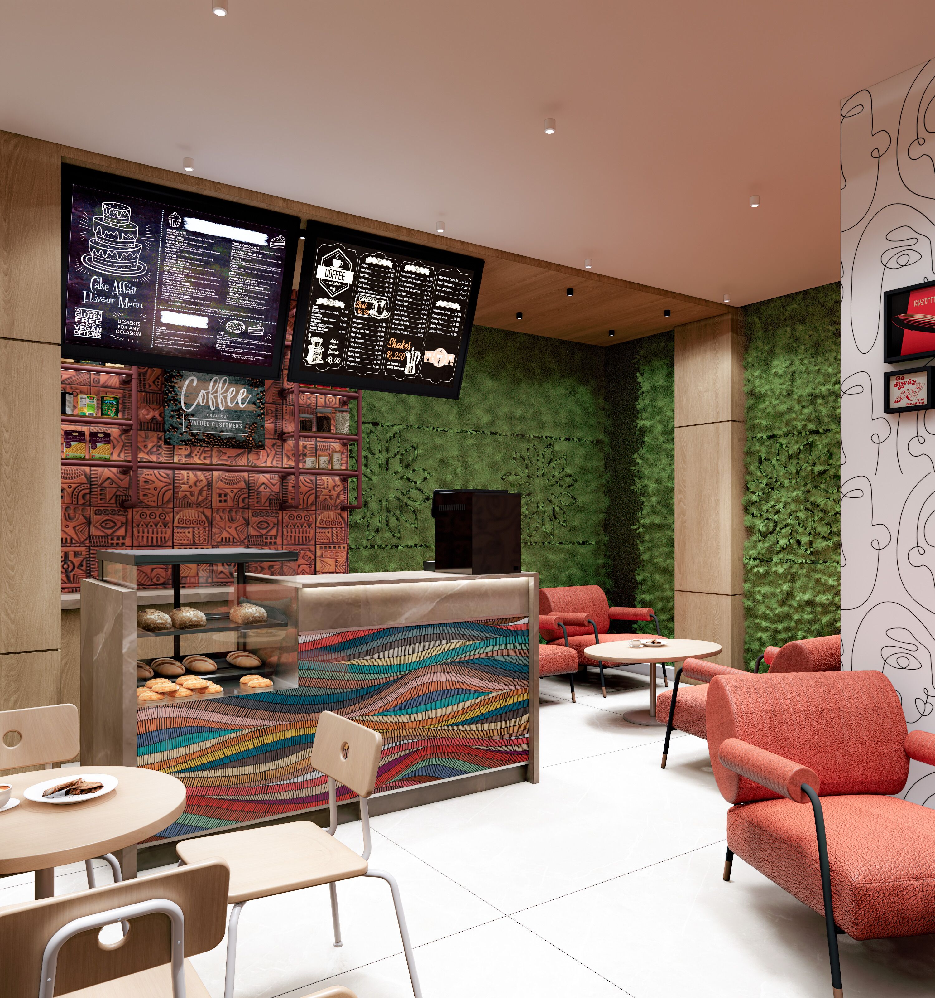 A modern cafe with a green wall, a menu board, and seating areas.