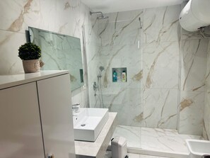 Shower, hair dryer, bidet, towels