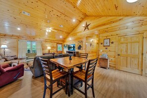 TV, fireplace, books, offices