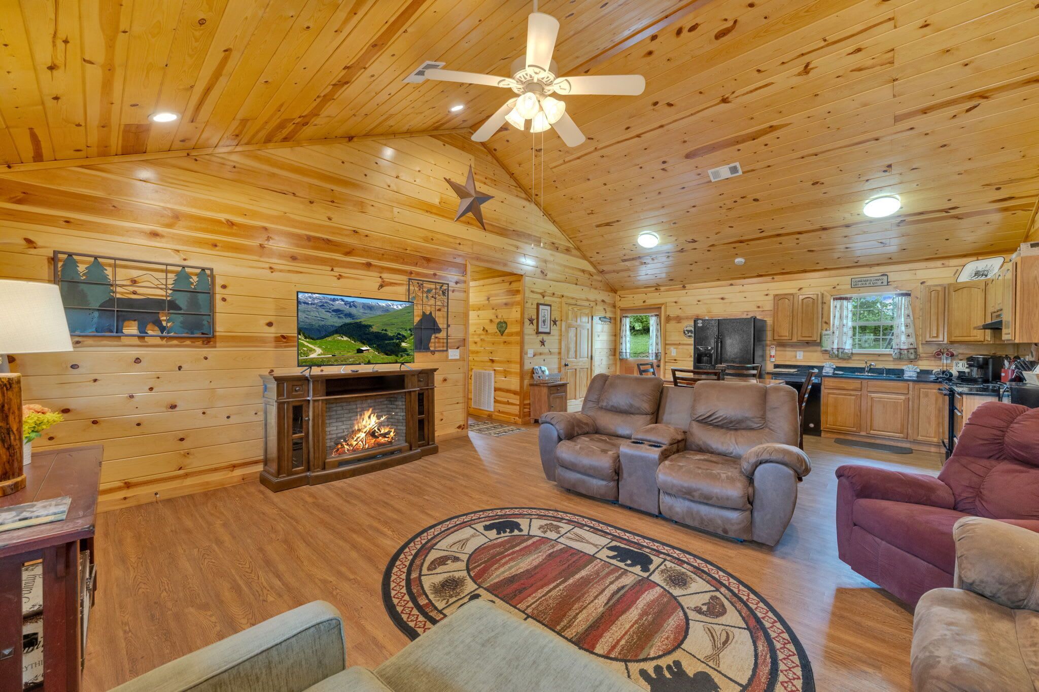 TV, fireplace, books, offices