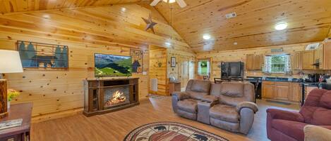 TV, fireplace, books, offices