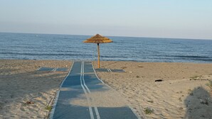 Un sendero bordeando la playa que lleva al mar, con un paraguas de paja.