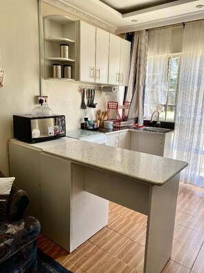 Apartament Deluxe, vistes al jardí | Cuina privada | Frigorífic, microones i utensilis de cuina, vaixella i coberteria 