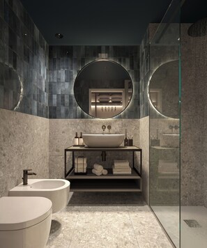 Shower, towels, soap, shampoo