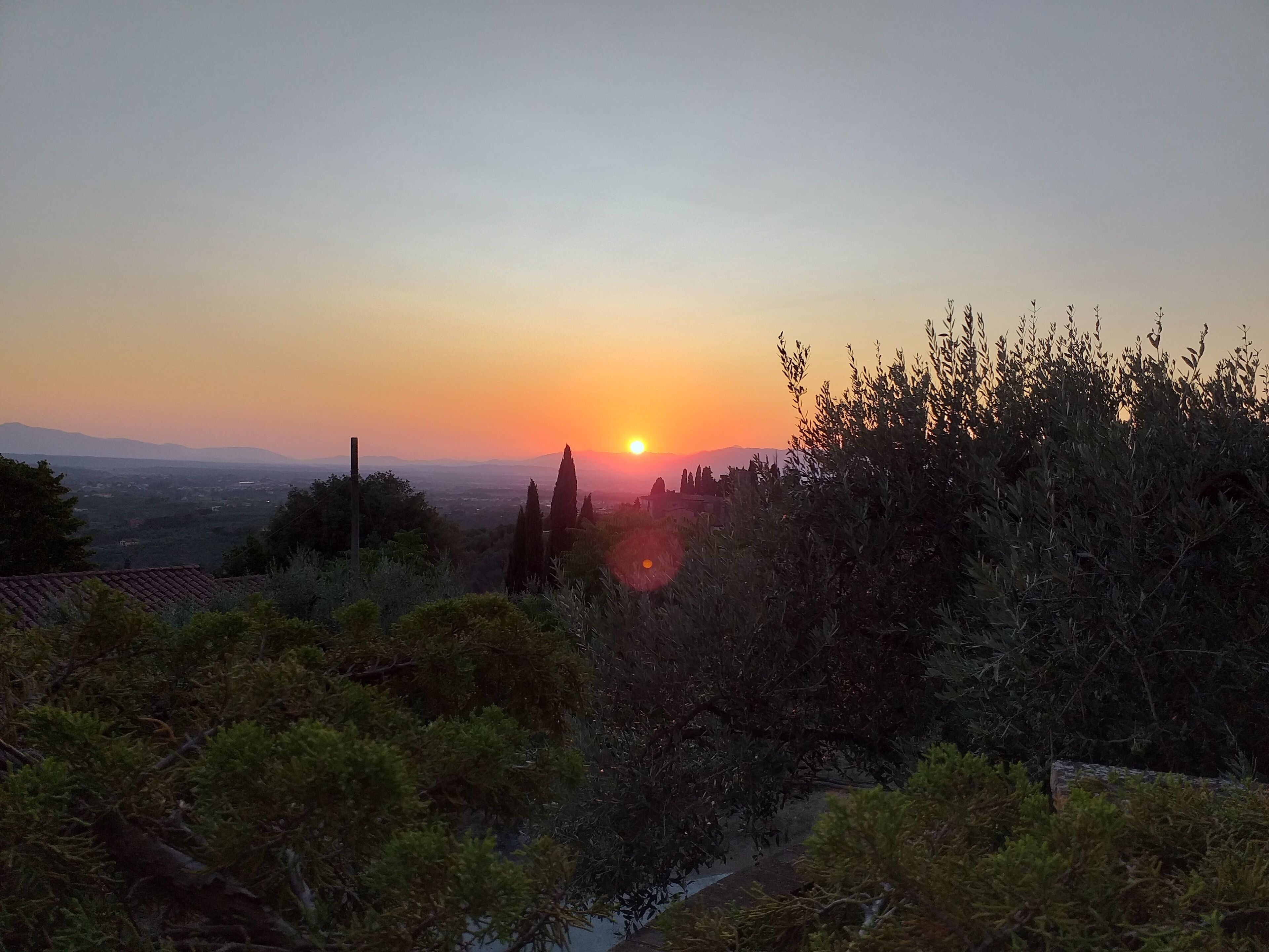 Auringonlaskunäkymä maisemassa, jossa on puita ja kaukana horisontissa kohoavia vuoria.