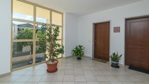 A spacious indoor area with large windows, a potted plant, and a door.