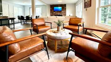 Smart TV, fireplace, video games, table football