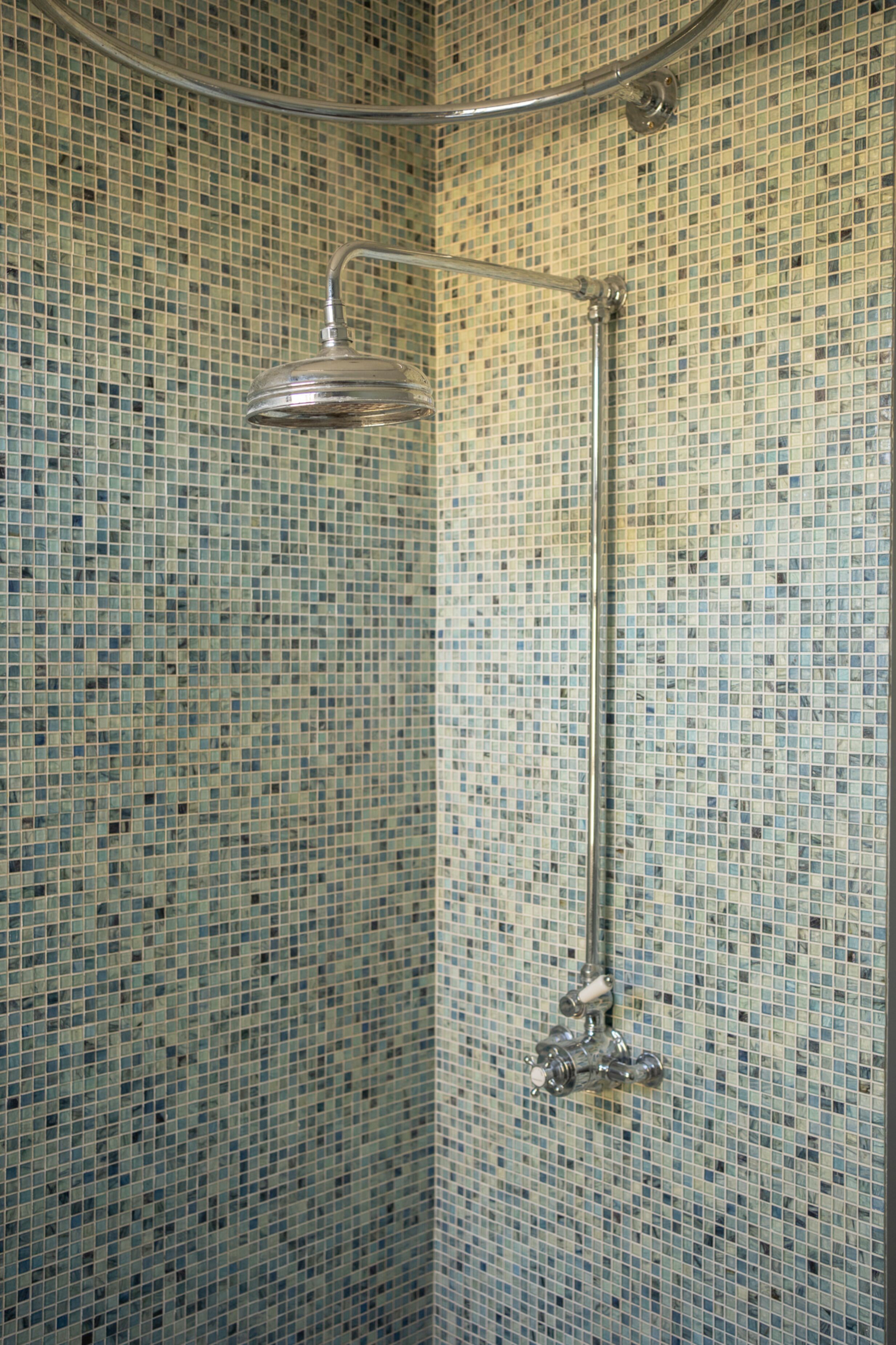 A shower with a mosaic tile wall and a chrome showerhead.
