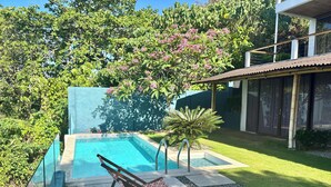 Piscina con agua azul cristalina, rodeada de césped cuidado y una variedad de plantas.