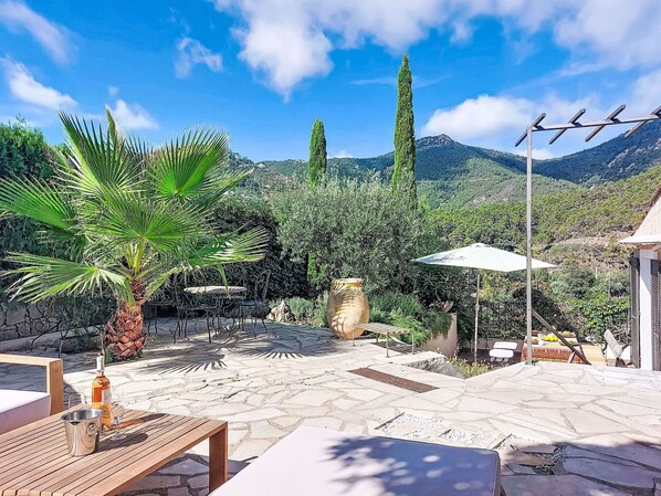 A patio area with stone flooring, outdoor furniture, a palm tree, and a view of a mountainous landscape.