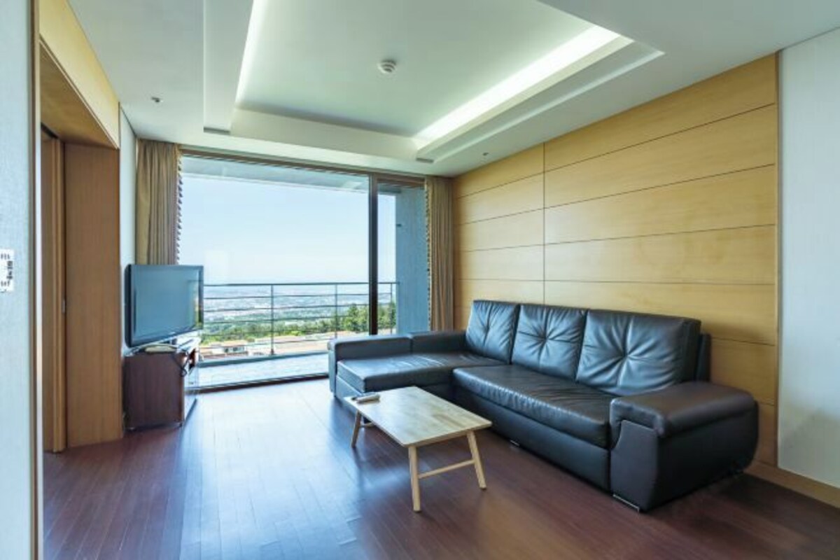 A modern living room with a leather sofa, a coffee table, and a television.