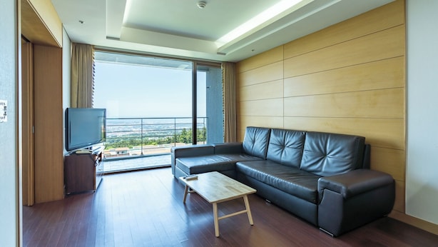 Un salon moderne avec un canapé en cuir, une table basse en bois et un téléviseur posé sur un meuble.