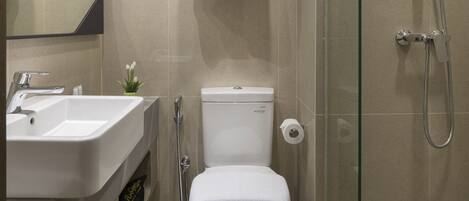 A modern bathroom with a glass shower enclosure, a toilet, a sink, and a mirror.