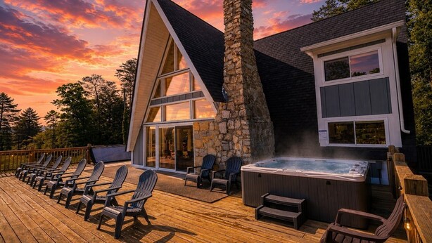 Une maison moderne avec une cheminée en pierre, un jacuzzi et une terrasse dotée de chaises longues.