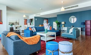 Premium Apartment, Marina View | Living area | 45-inch Smart TV with cable channels - bnbme - Murjan 6 - 4 BDR (Dubai)