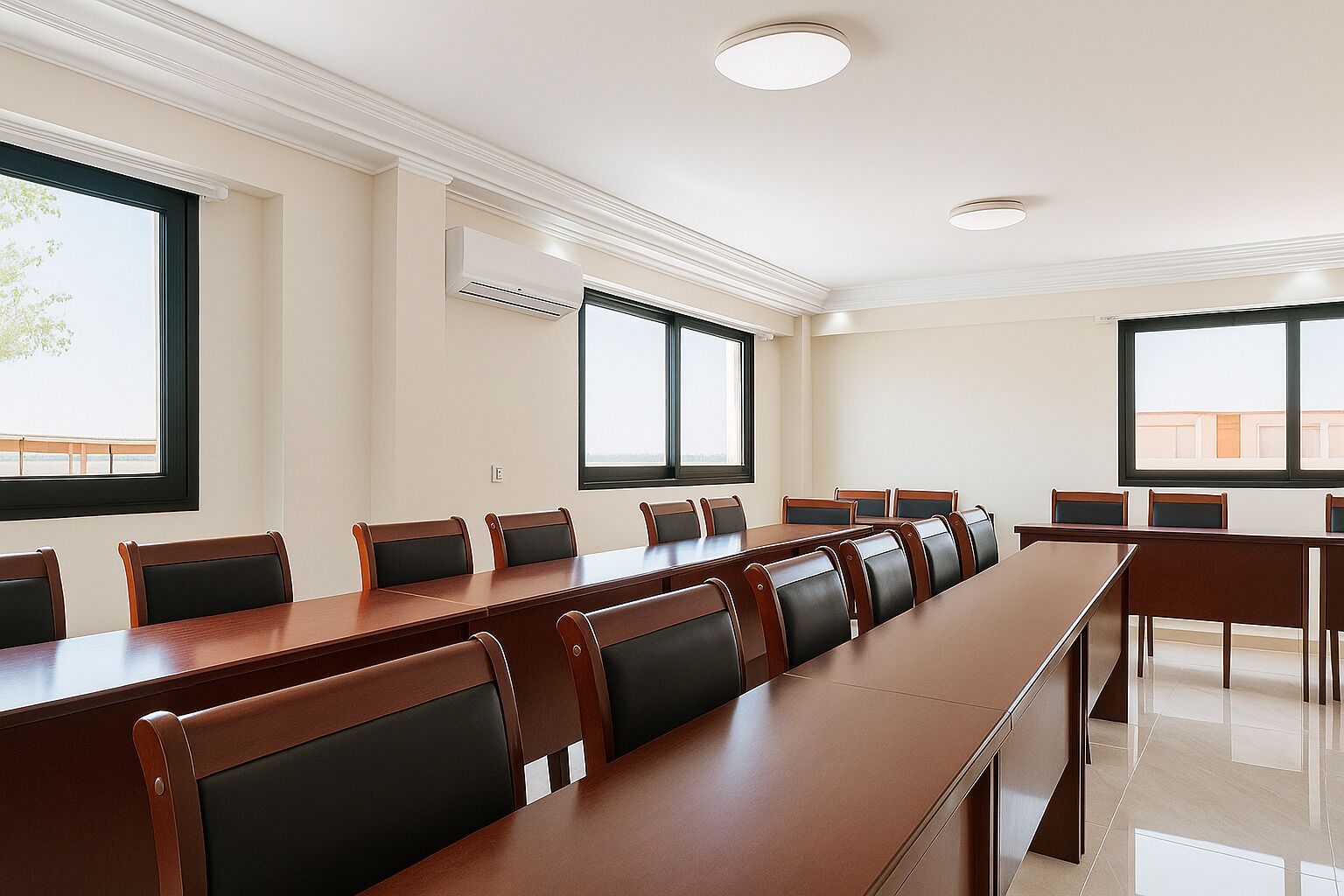 A conference room with a long table and chairs, large windows, and an air conditioning unit.