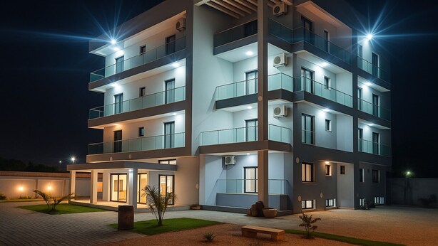 A multi-story building with balconies, large windows, and a well-lit entrance. - Melia's Hôtel Diamniadio  (Diamniadio)