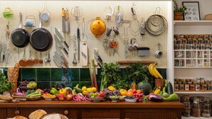 A kitchen with various utensils and food items on the counter.