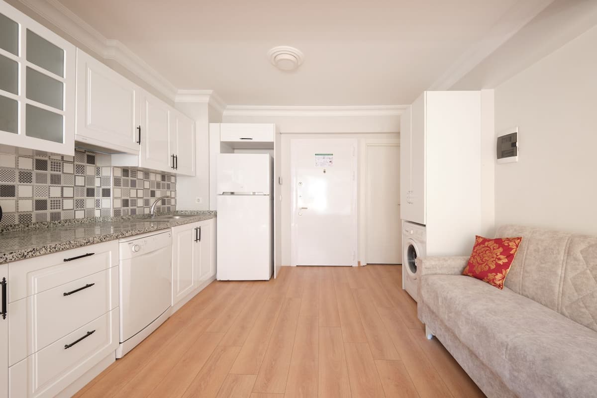 A modern kitchen with white cabinets, a granite countertop, and a built-in dishwasher.