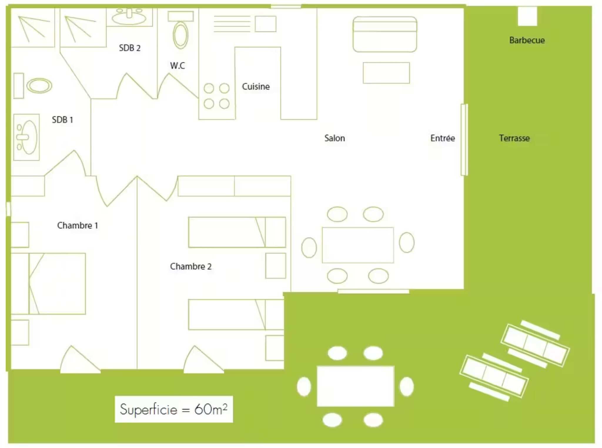 Een plattegrond van een hotel met twee slaapkamers, een keuken, een eetgedeelte, een badkamer, een balkon en een terras.