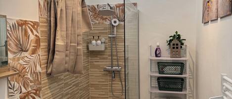 Shower, hair dryer, towels, toilet paper