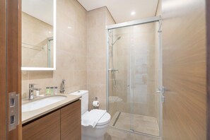 Shower, hair dryer, towels