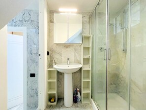 Shower, hair dryer, soap, toilet paper