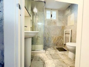 Shower, hair dryer, soap, toilet paper