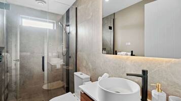 Ducha, secador de pelo y toallas