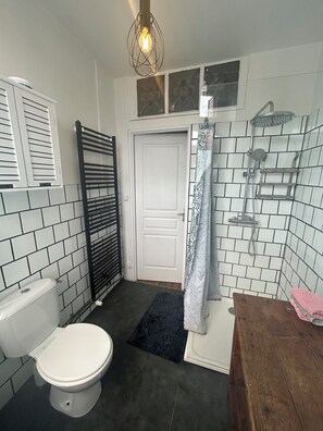 Shower, towels, soap, toilet paper