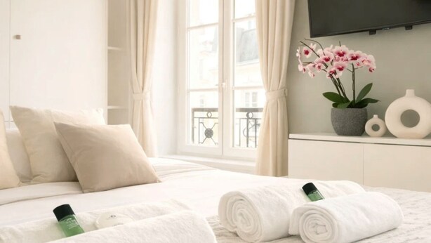 Ein Hotelzimmer mit Bett, Fernseher, Fenster mit Vorhängen und einer Topforchidee.