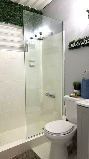 Shower, hair dryer, towels, soap