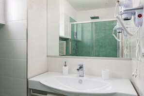 Shower, hair dryer, bidet, towels