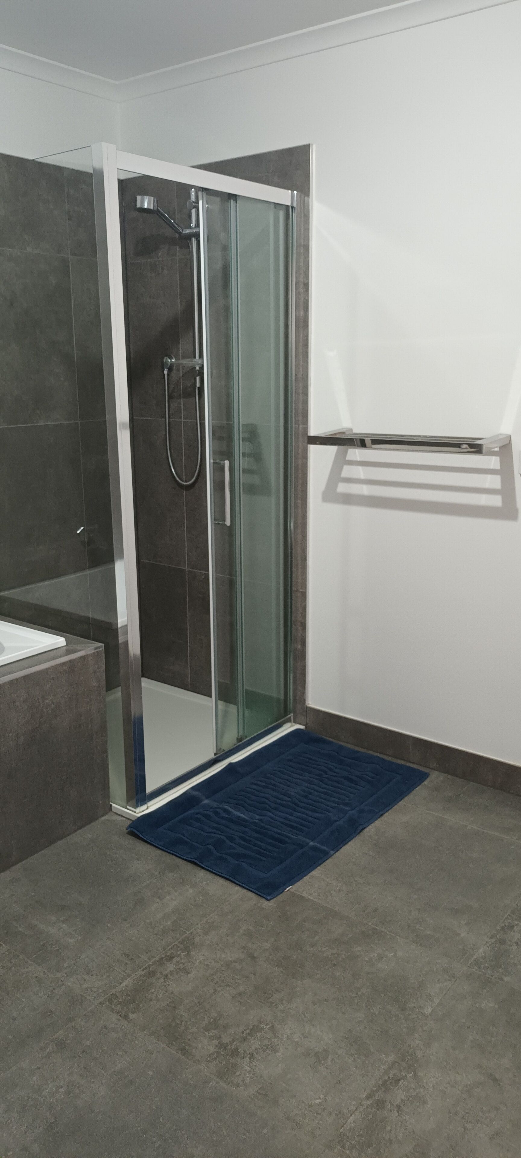 Shower, hair dryer, towels, shampoo