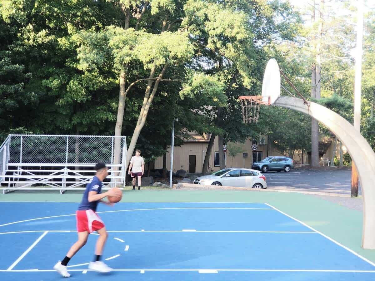 A basketball court with a hoop, trees, and a car in the background.